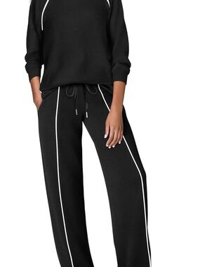 Black Wide-Leg Lounge Pants with Contrast Piping